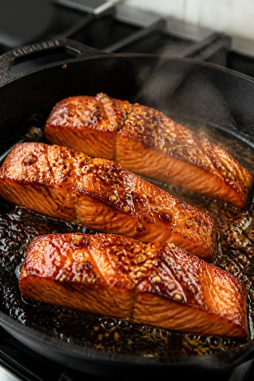 Cooking process: Skillet-seared salmon fillets glazed with soy-honey-rice vinegar marinade, sizzling
