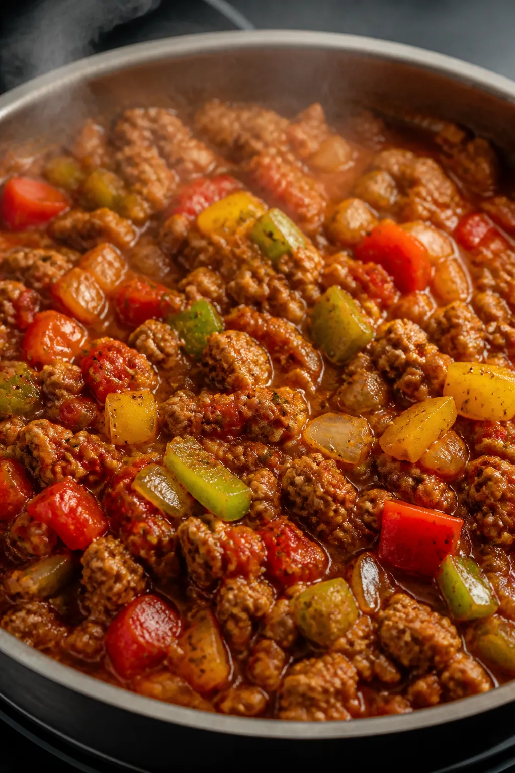 Cooking process — Skillet stuffed pepper mixture simmering: close-up of a large sauté pan with br