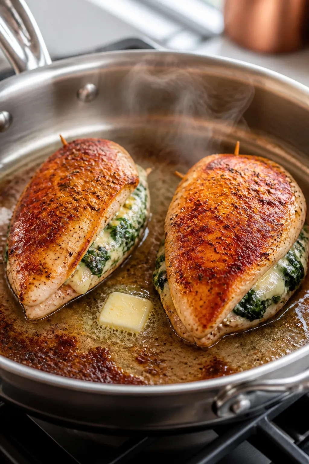 Cooking process: Stuffed chicken breasts searing in a large stainless oven-safe skillet, captured mi
