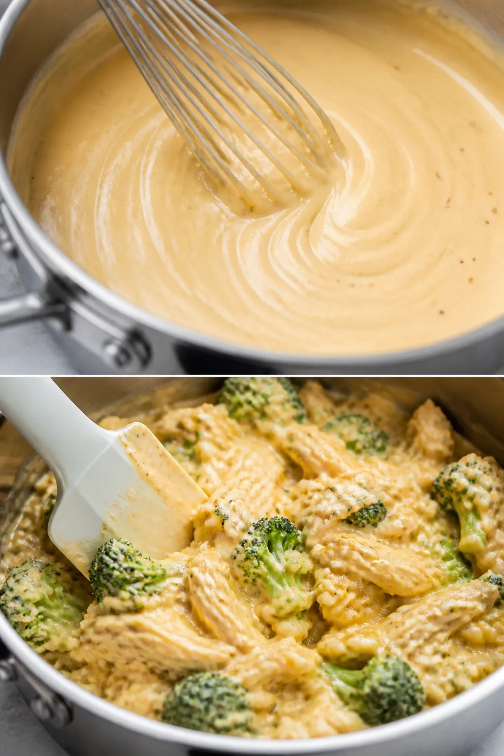 Cooking process: The creamy cheese sauce being whisked to silky smoothness in a stainless skillet—