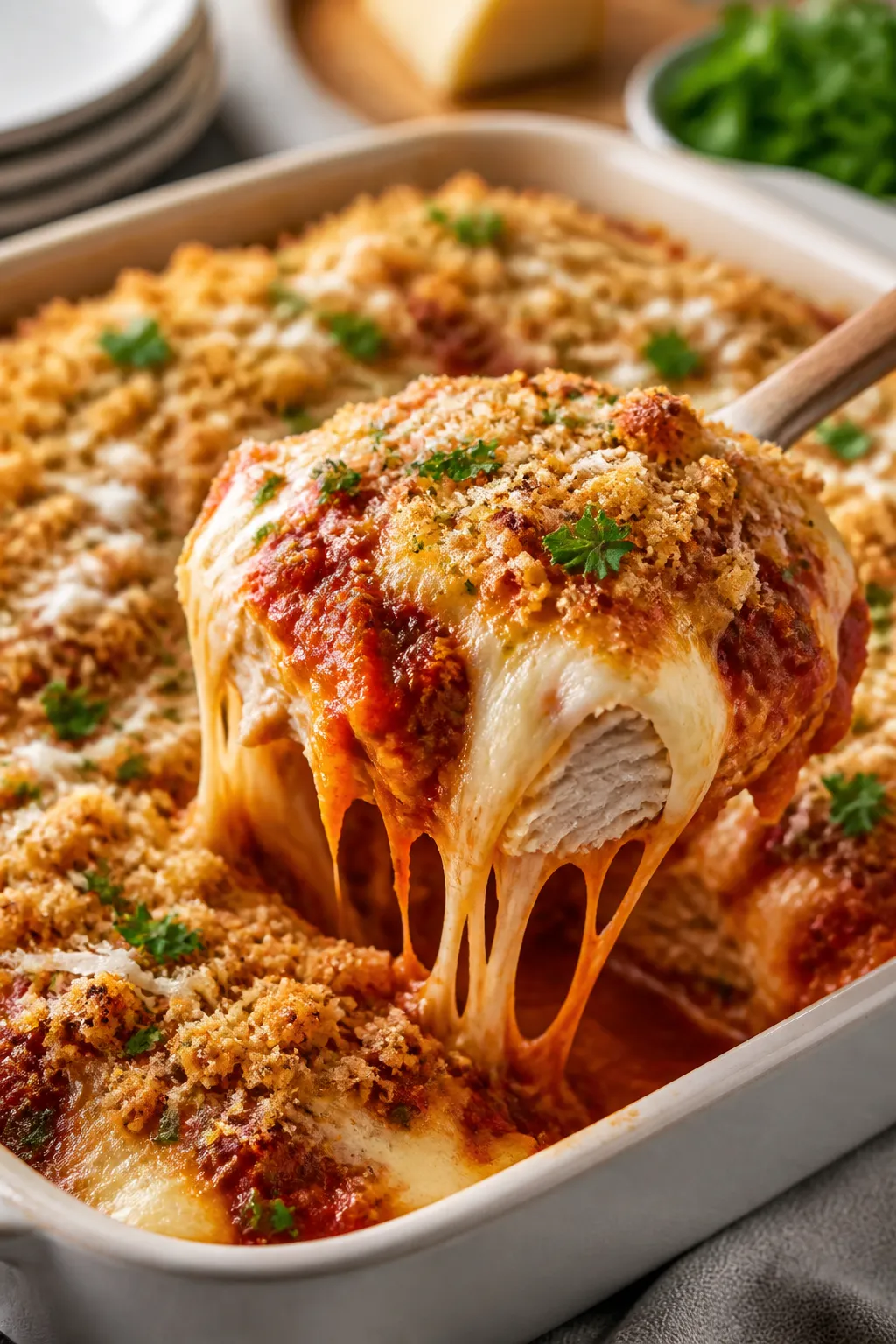 Final dish, cozy presentation: A generous spoonful of Chicken Parmesan Casserole being lifted from t