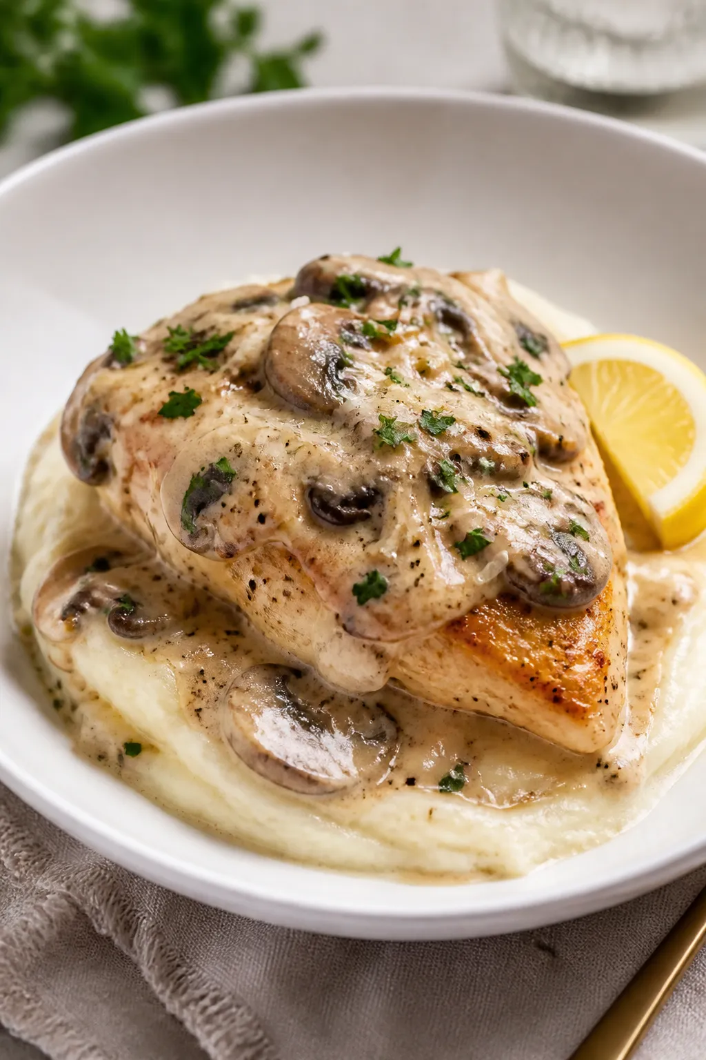 Final dish, plated: Creamy Garlic Mushroom Chicken elegantly plated on a wide, shallow white bowl ov