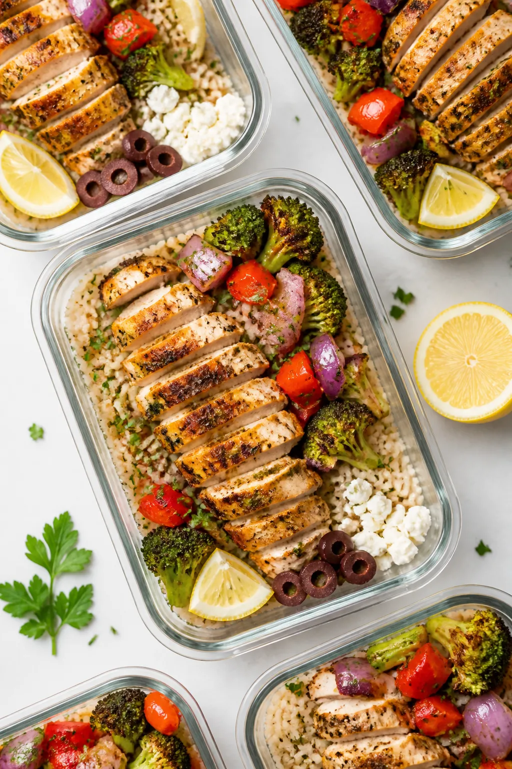 Final dish presentation: Beautifully assembled Lemon Garlic Chicken Meal Prep Bowls in glass contain