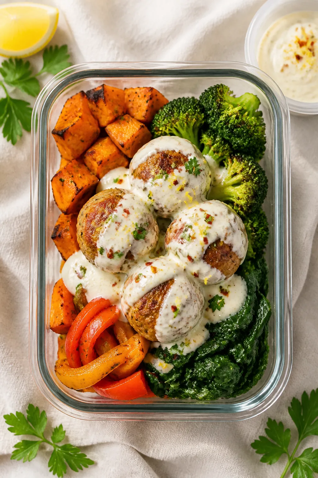 Final dish presentation: Beautifully assembled Turkey Meatball Meal Prep Bowl in a modern glass cont
