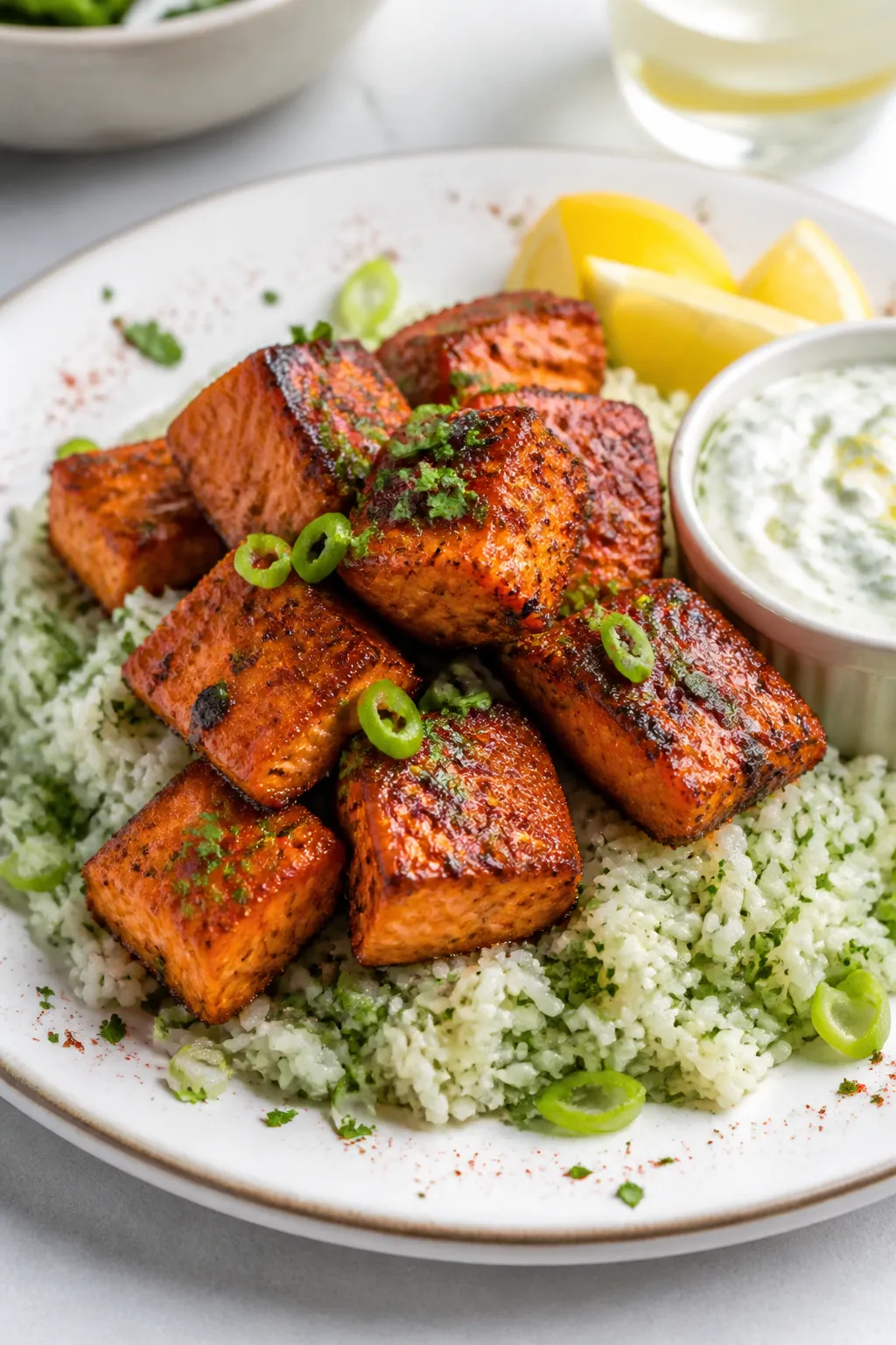 Final dish presentation: Beautifully plated Air Fryer Cajun Salmon Bites piled over cilantro-lime ri