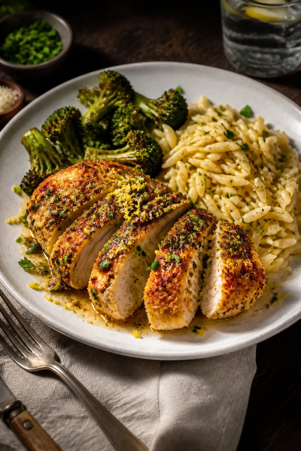 Final dish presentation: Beautifully plated Air Fryer Garlic Parmesan Chicken breast on a white cera