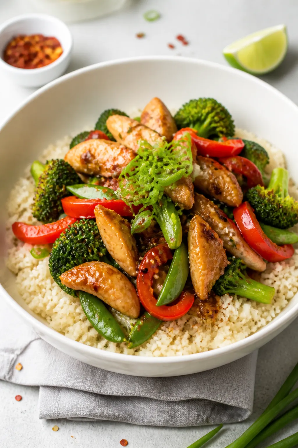 Final dish presentation: Beautifully plated Easy Low Carb Chicken Stir Fry over fluffy cauliflower r