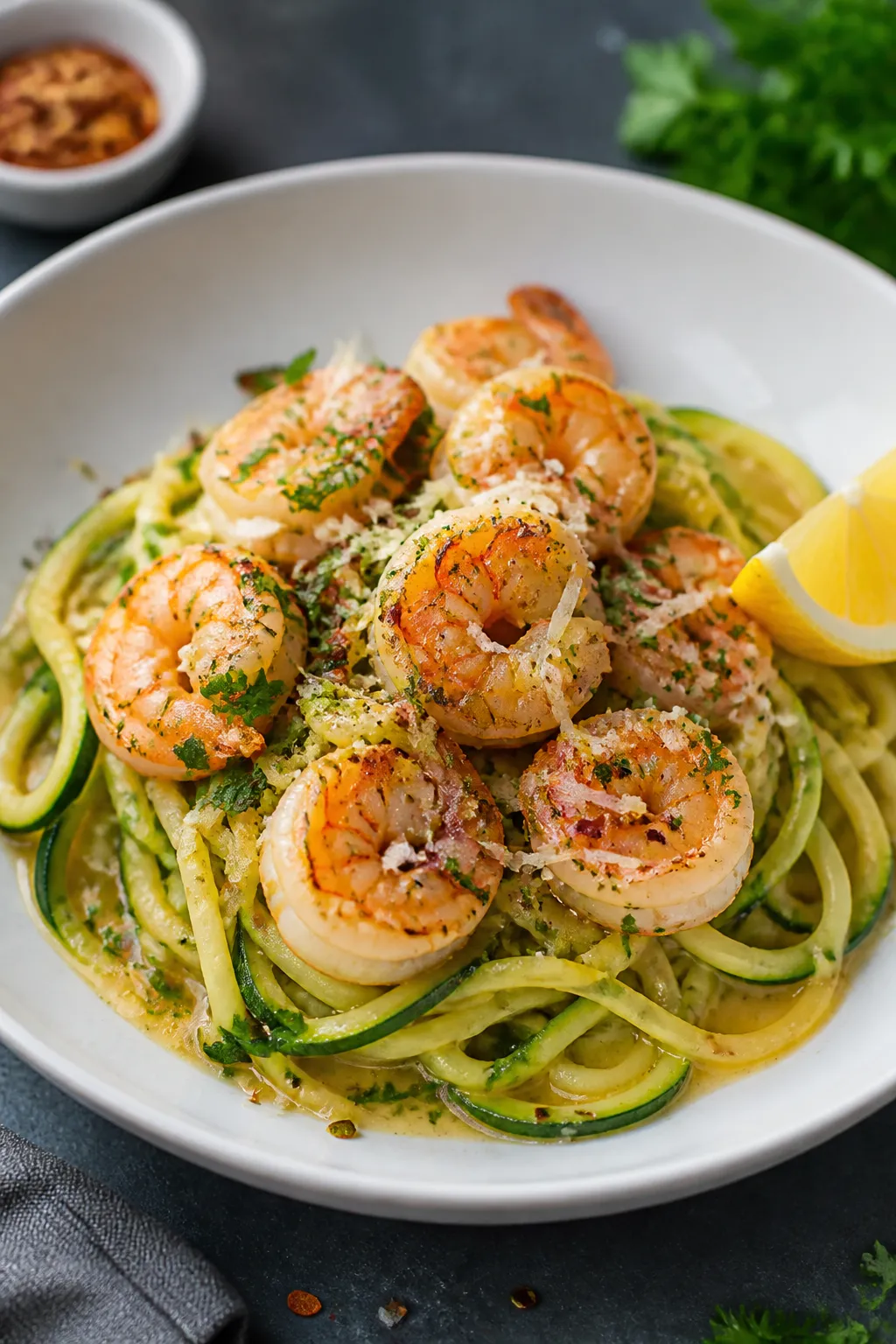 Final dish presentation: Beautifully plated Garlic Butter Shrimp Zoodle Bowl in a wide, shallow whit