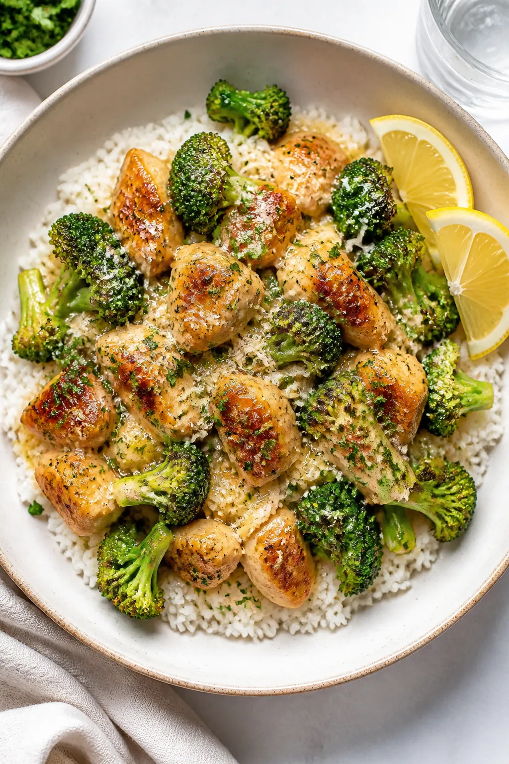 Final dish presentation: Beautifully plated Garlic Butter Chicken and Broccoli over fluffy white ric