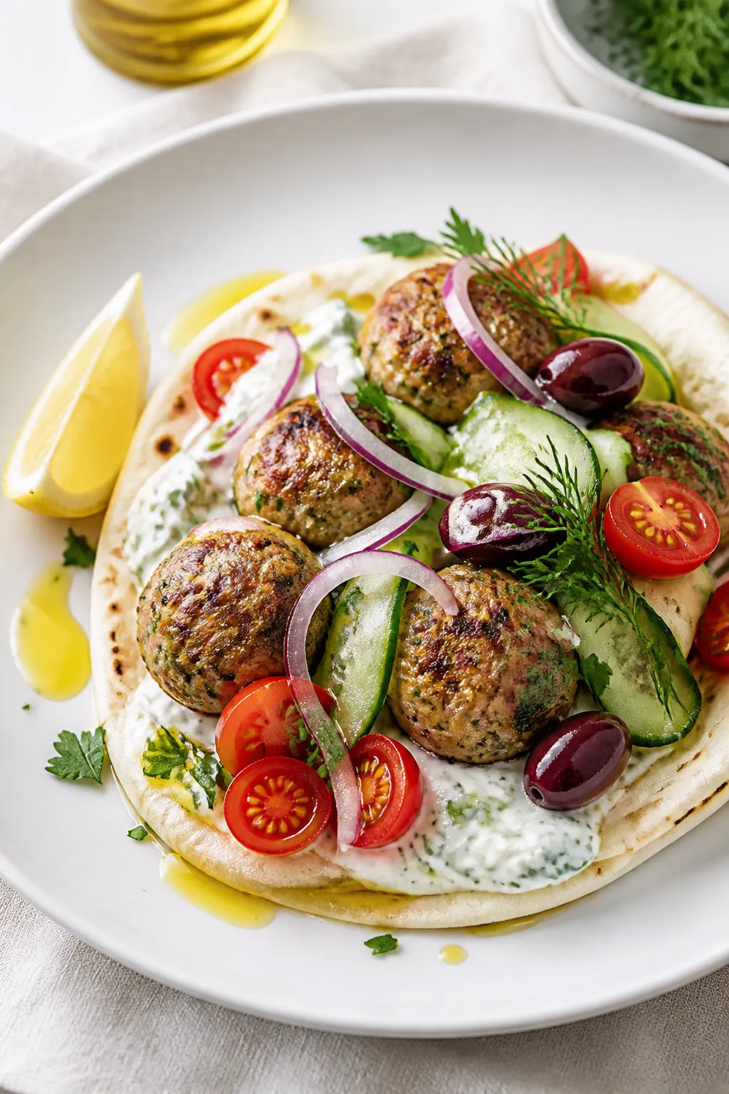 Final dish presentation: Beautifully plated Greek turkey meatballs tucked into warm pita, layered wi