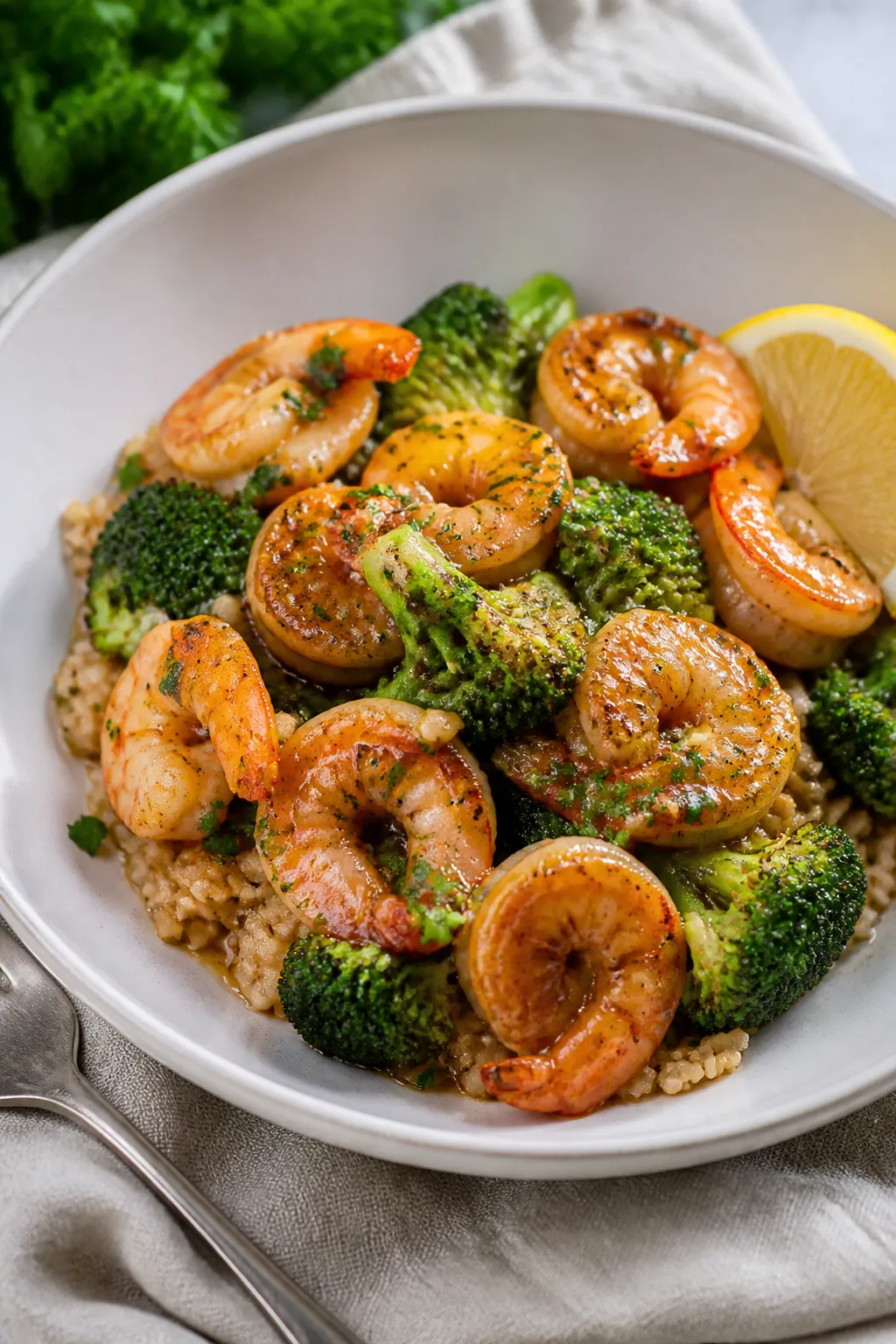 Final dish presentation: Beautifully plated Healthy Garlic Butter Shrimp and Broccoli over fluffy br