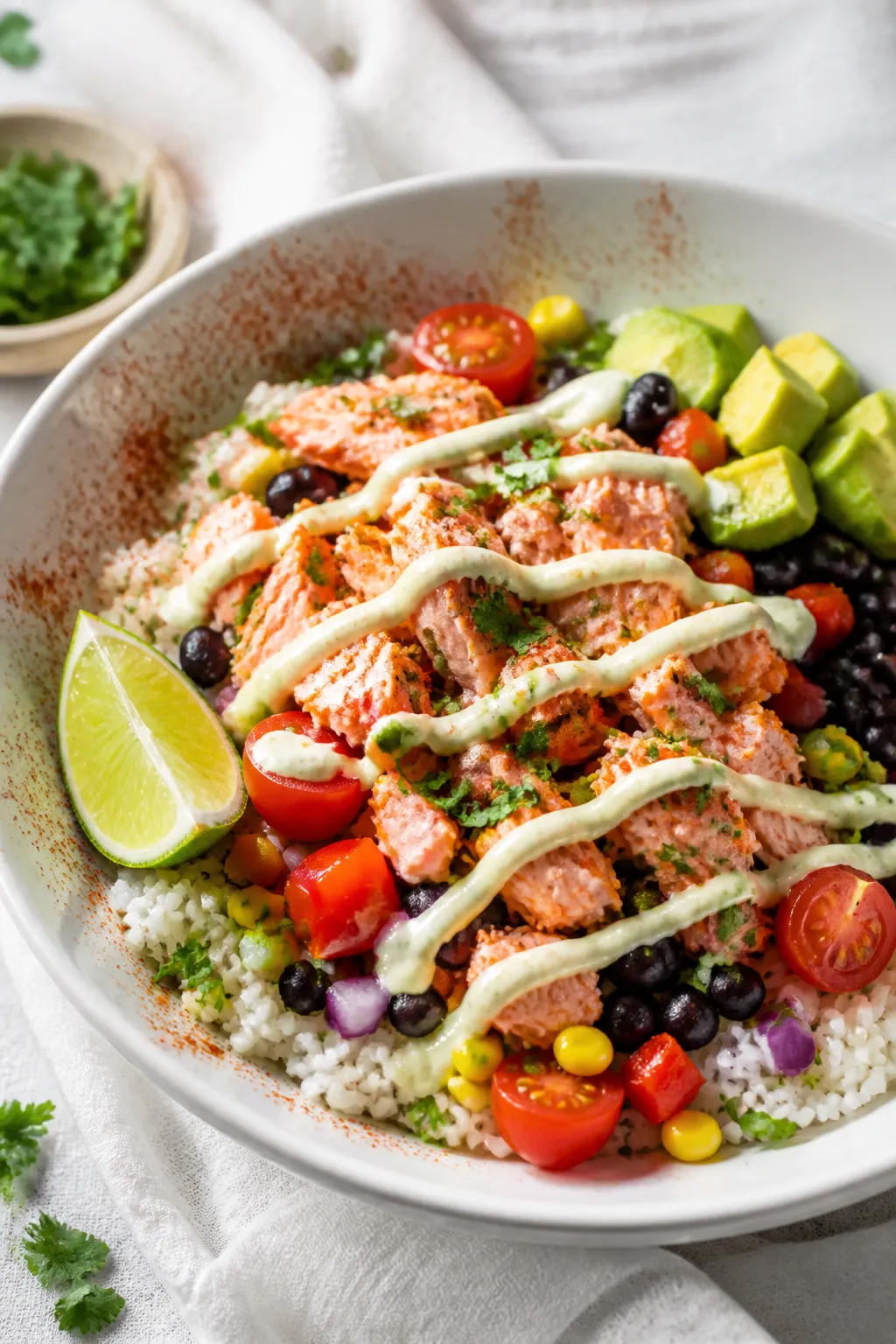Final dish presentation: Beautifully plated Healthy Salmon Burrito Bowl in a wide, shallow white bow