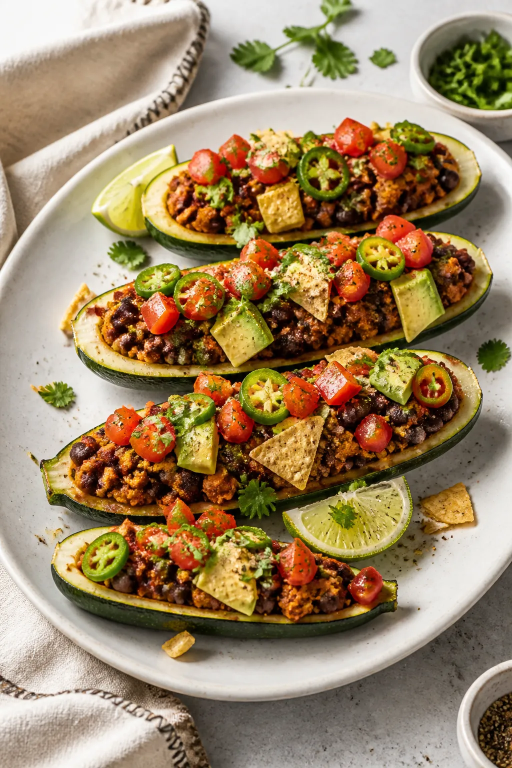 Final dish presentation: Beautifully plated Healthy Taco Zucchini Boats on a matte white oval platte