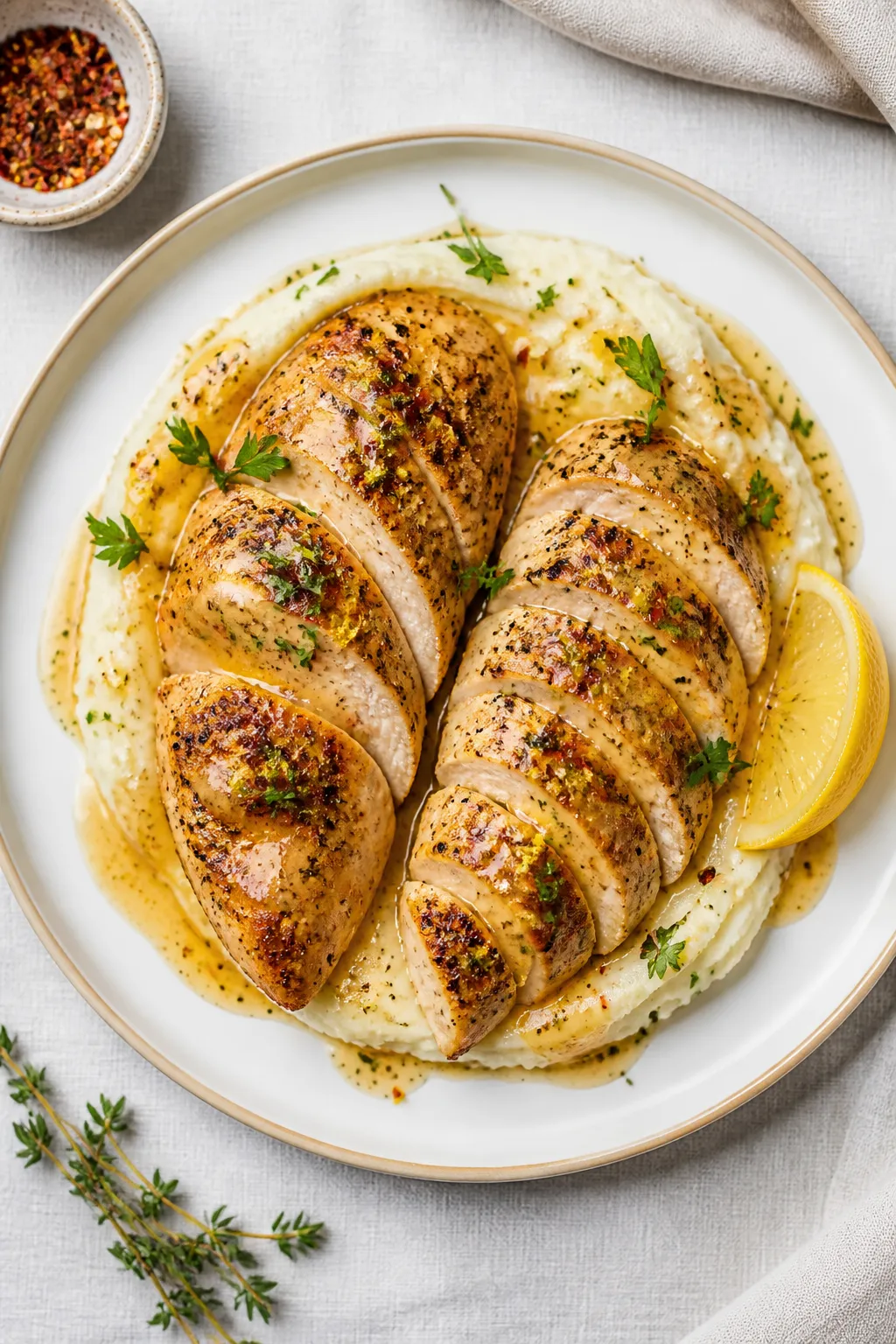 Final dish presentation: Beautifully plated Melt-In-Your-Mouth Garlic Butter Chicken, two sliced bre