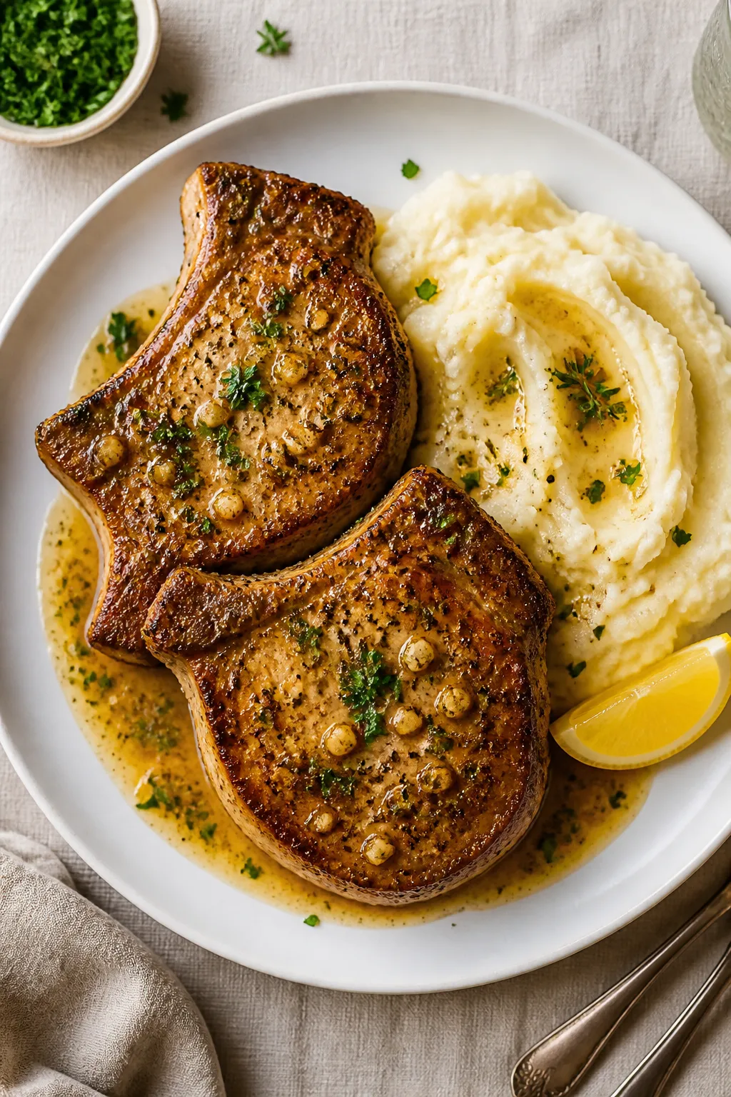 Final dish presentation: Beautifully plated one pan garlic butter pork chops on a white ceramic plat