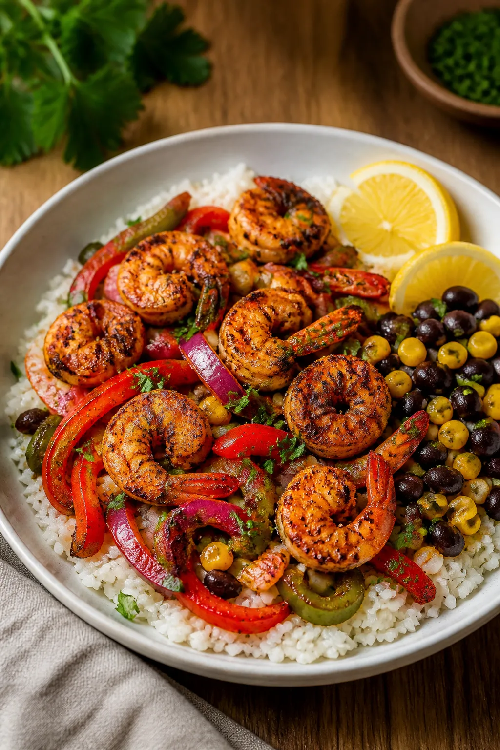 Final dish presentation: Restaurant-quality Cajun Shrimp Meal Prep bowl—fluffy jasmine rice base f