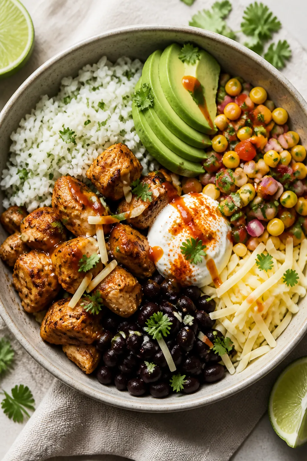 Final dish presentation: Restaurant-quality chicken burrito bowl hero shot, —perfectly arranged wi