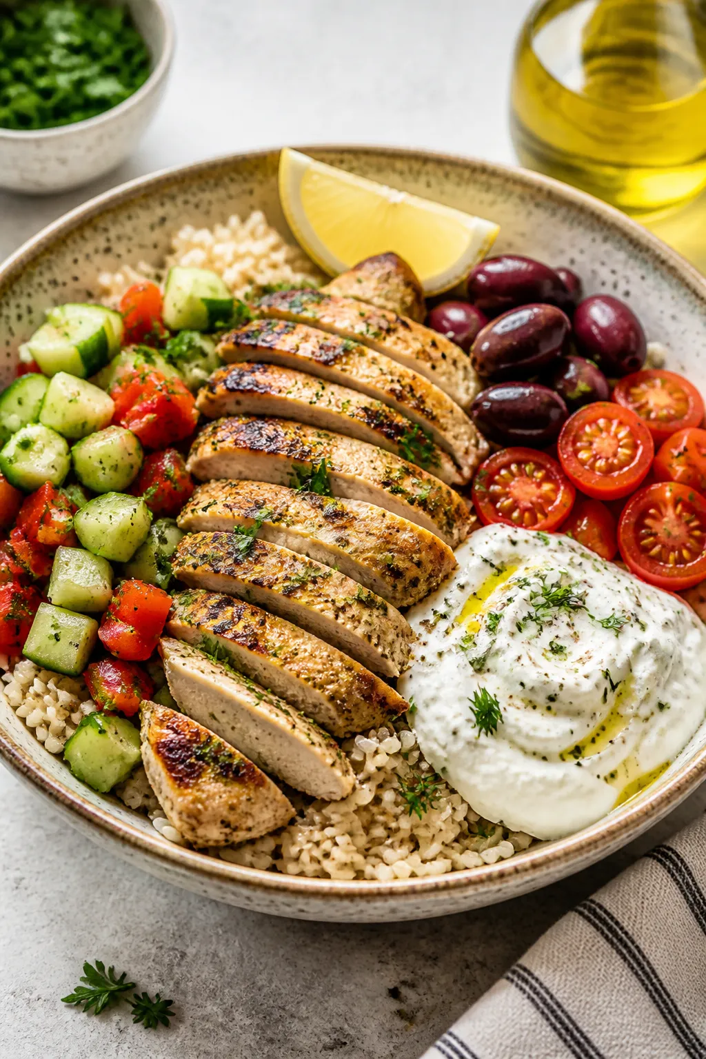 Final dish presentation: Restaurant-quality Greek Chicken Bowl plated for serving—base of warm bro