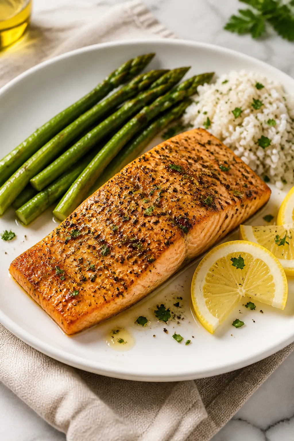 Final dish presentation: Restaurant-quality plated Air Fryer Lemon Pepper Salmon on a matte white pl