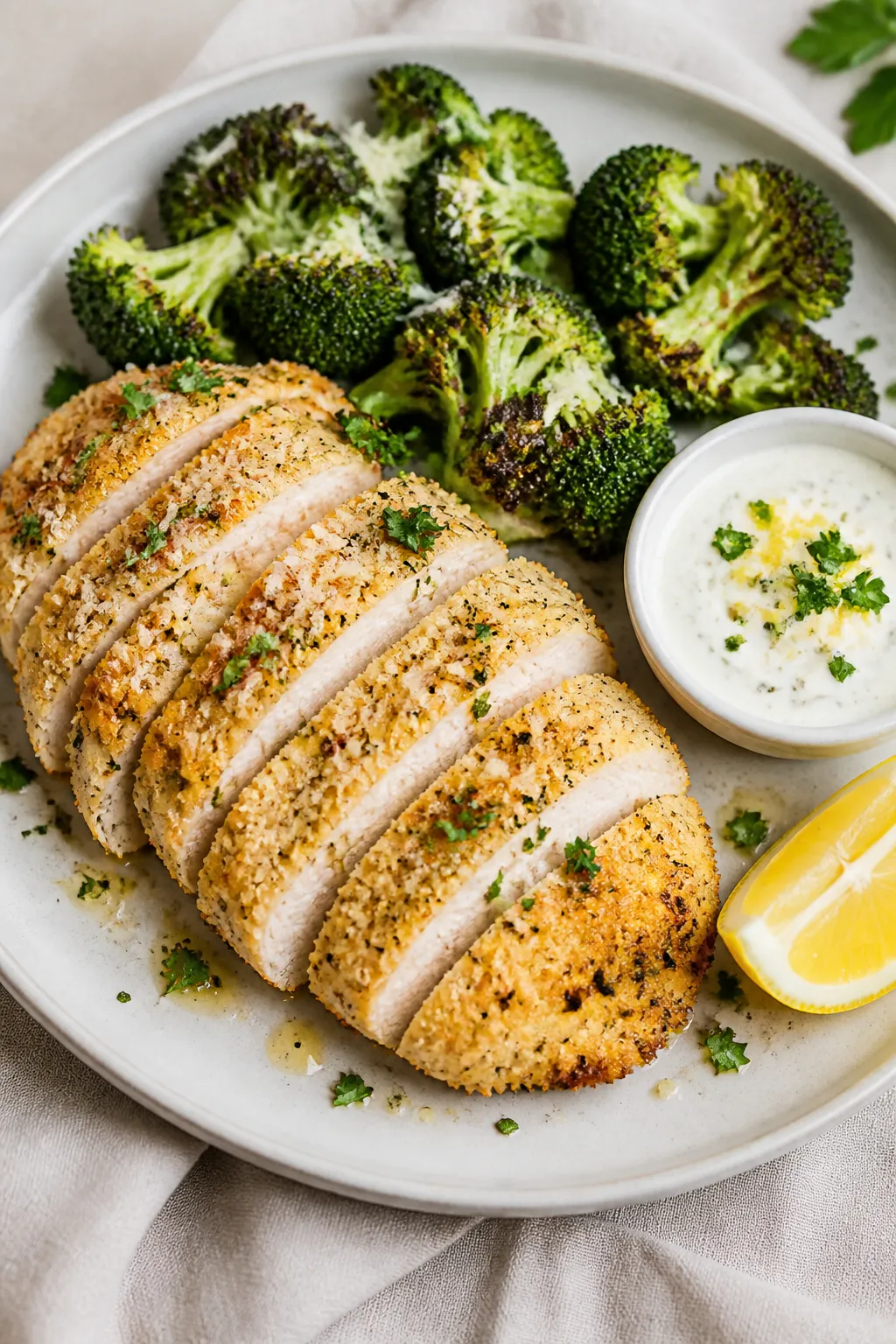 Final dish presentation: Restaurant-quality plated Parmesan Crusted Chicken with Roasted Broccoli, s