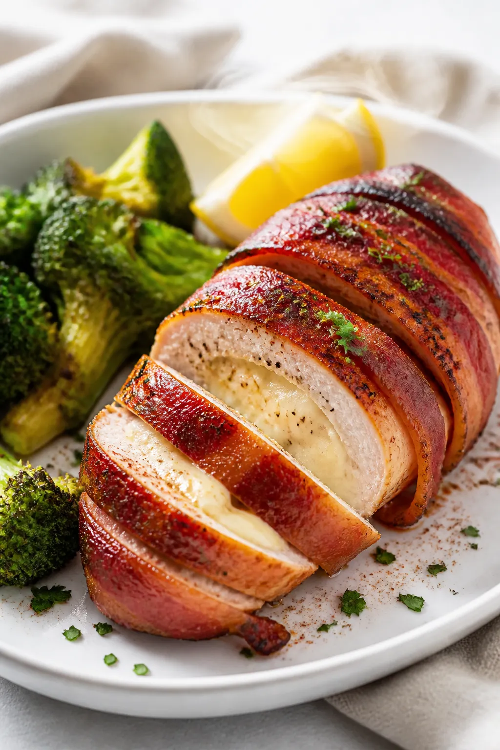 Final dish presentation: Restaurant-quality plated bacon-wrapped chicken breast sliced to reveal a c
