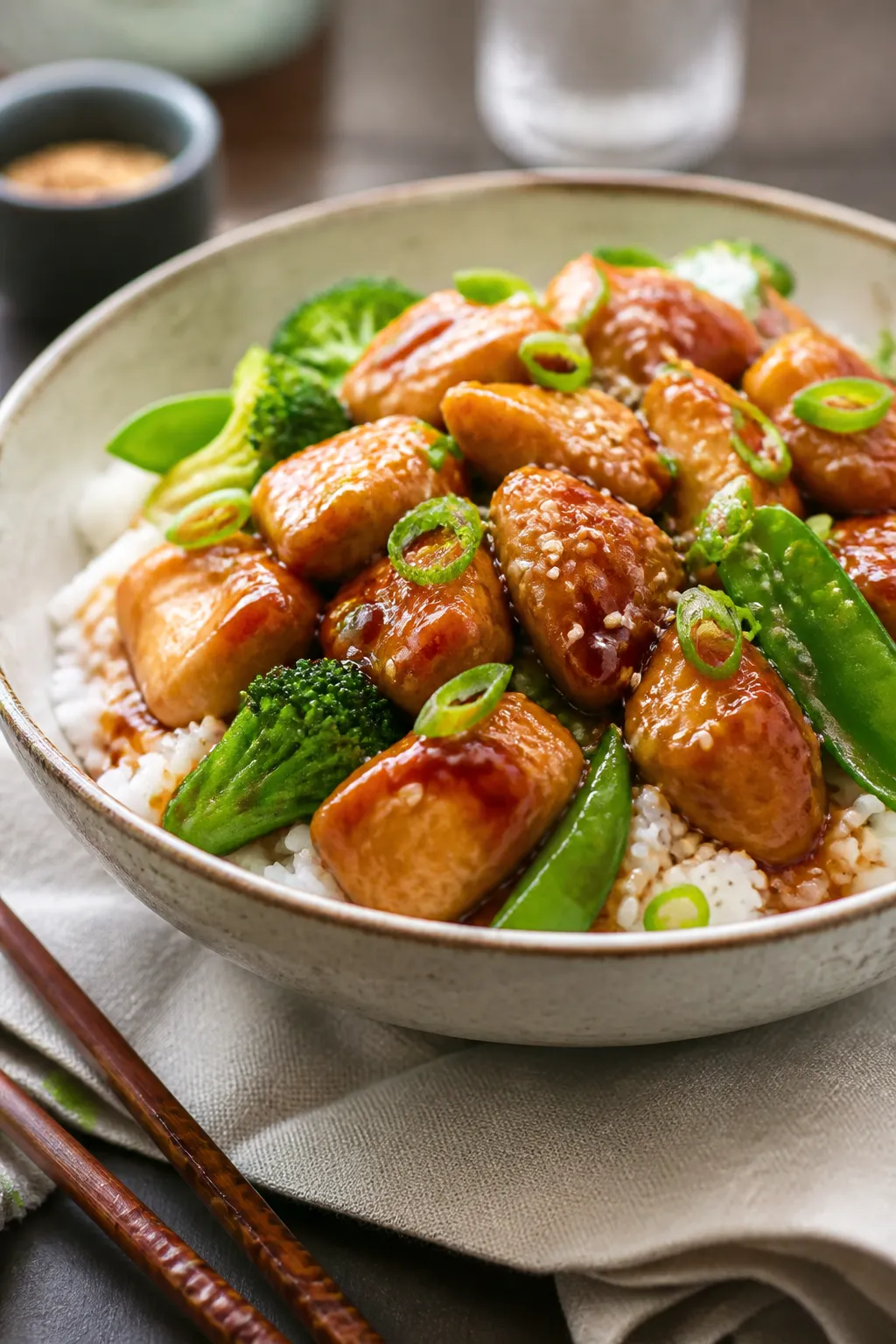 Final dish presentation: Restaurant-quality plated bowl of honey garlic chicken and rice—mounded r