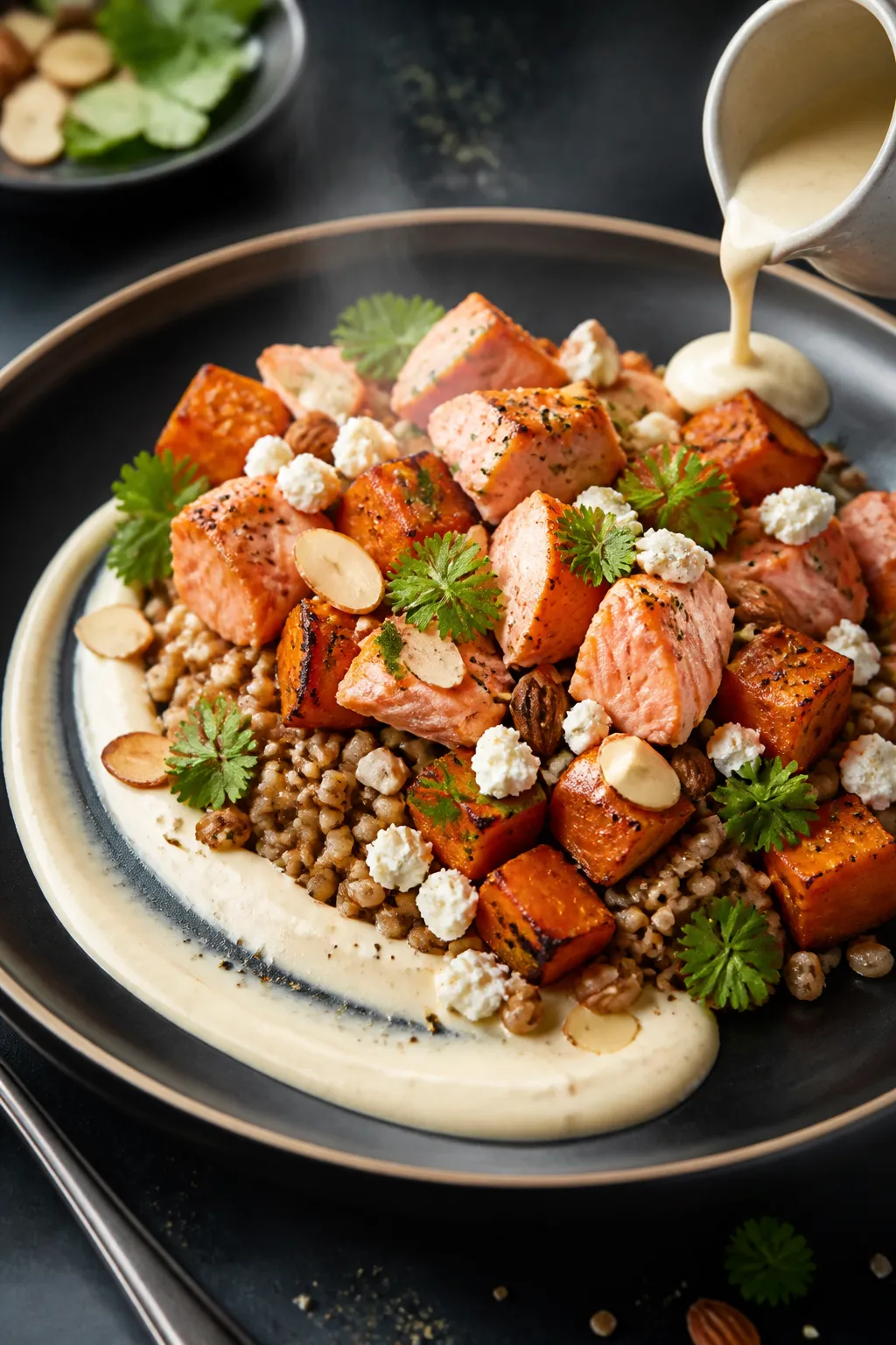 Final dish presentation: Restaurant-quality plated Salmon Power Bowl with a clean, modern compositio
