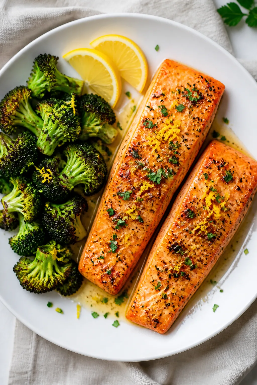 Final dish presentation: Restaurant-quality plated Garlic Butter Salmon & Broccoli—two salmon fill
