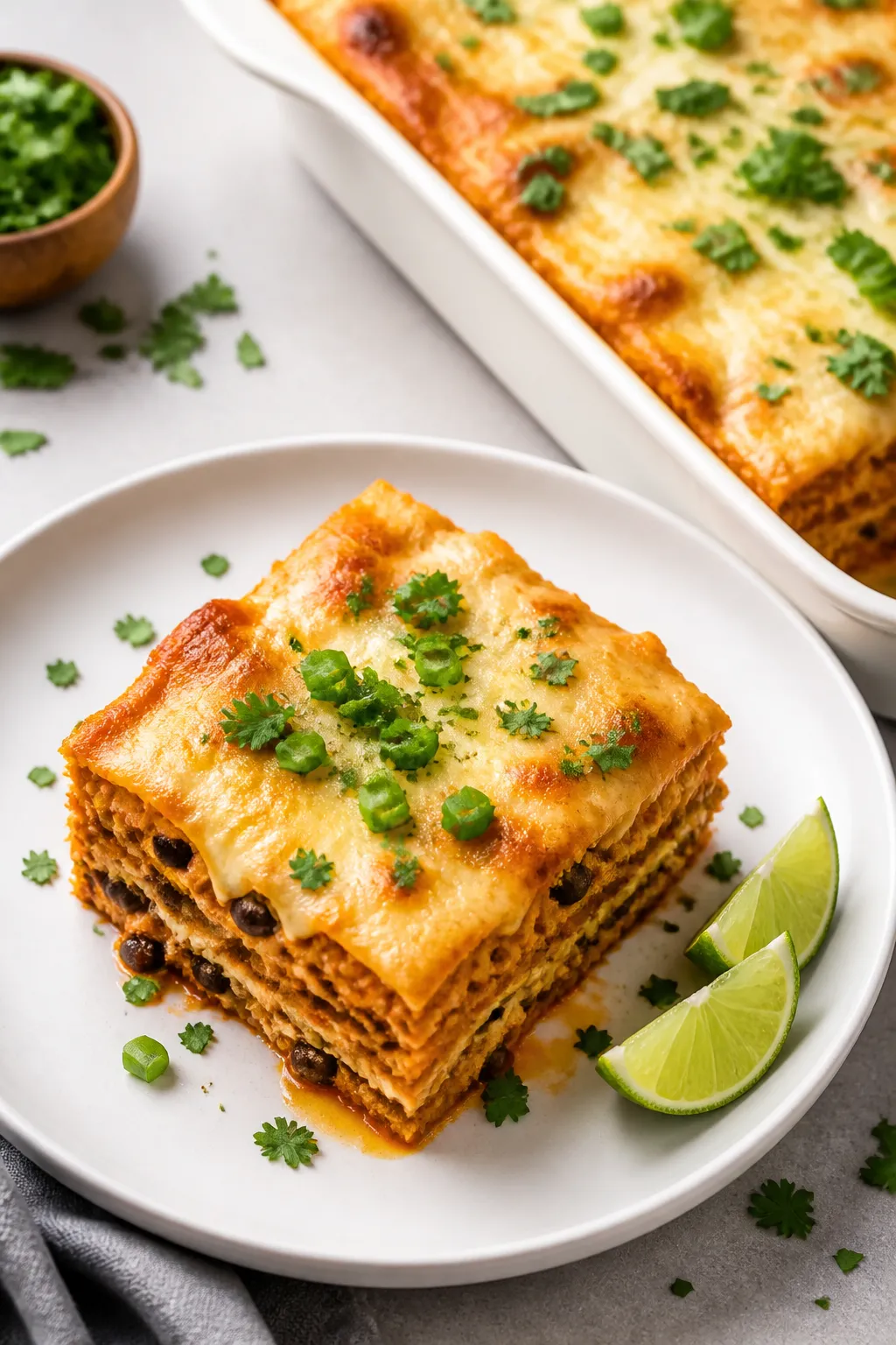 Final dish presentation: Restaurant-quality plated slice of high-protein chicken enchilada casserole