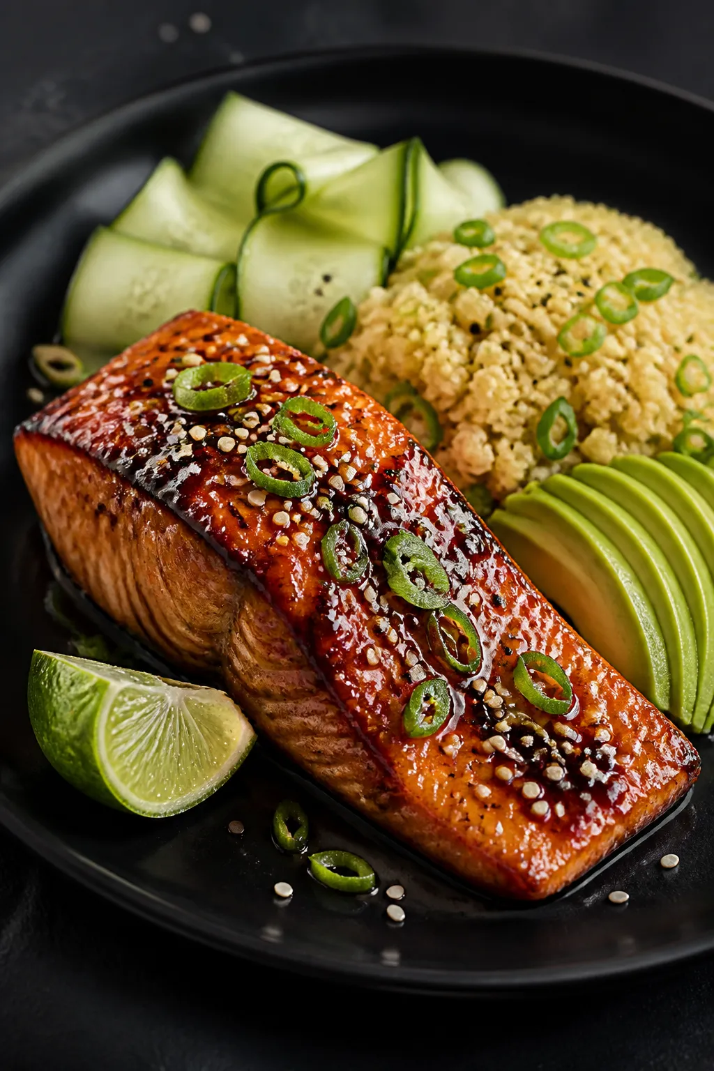Final dish presentation: Restaurant-quality plated salmon bowl on a matte black plate—salmon fille