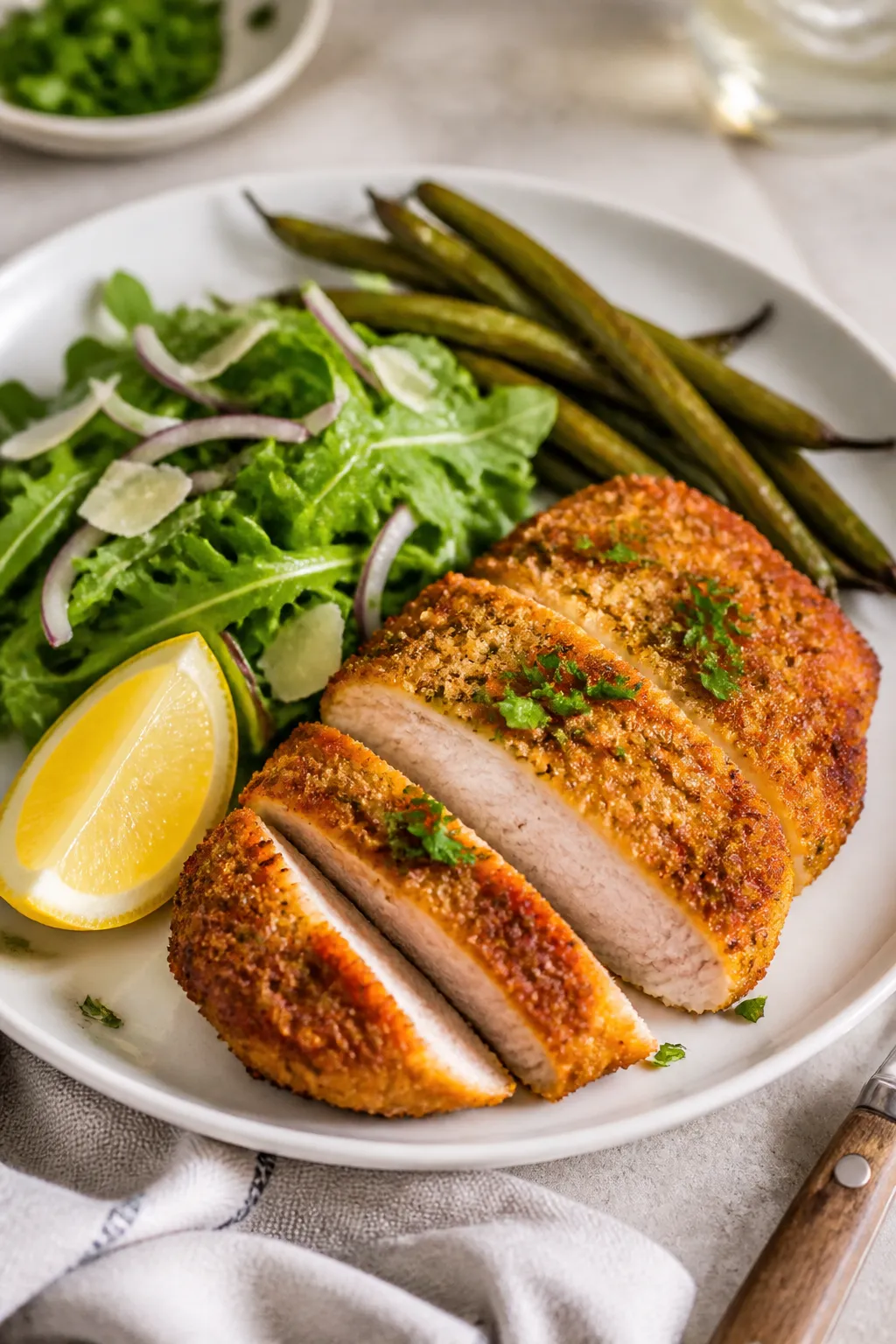 Final dish presentation: Restaurant-quality plating of Air Fryer Parmesan Crusted Pork Chops on a ma