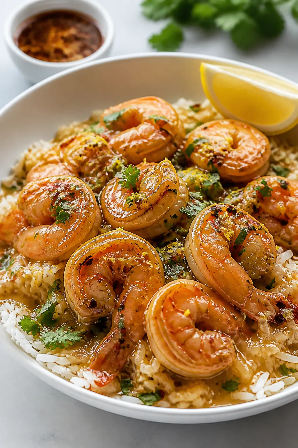 Final dish presentation: Restaurant-quality plating of garlic butter shrimp over basmati rice in a s
