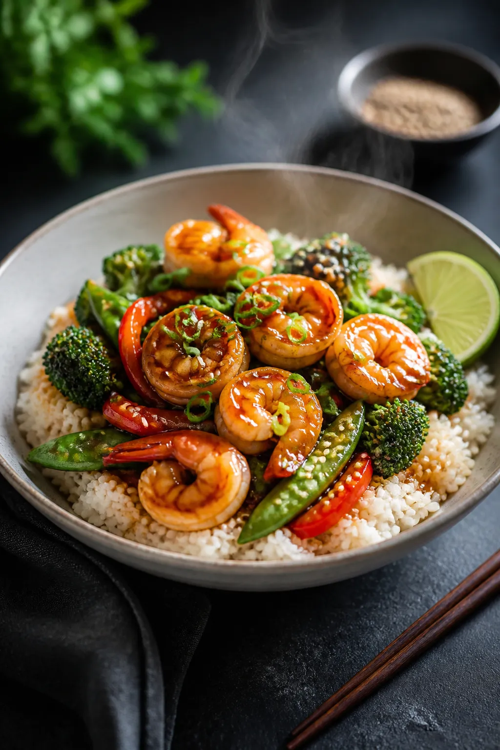 Final dish presentation: Restaurant-quality teriyaki shrimp bowl plated on a wide, shallow ceramic b