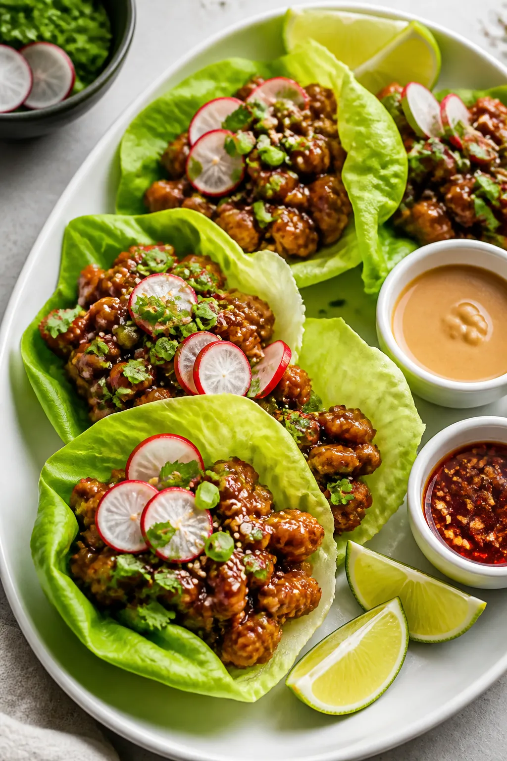 Final dish presentation: Teriyaki Chicken Lettuce Wraps assembled in chilled butter lettuce cups on