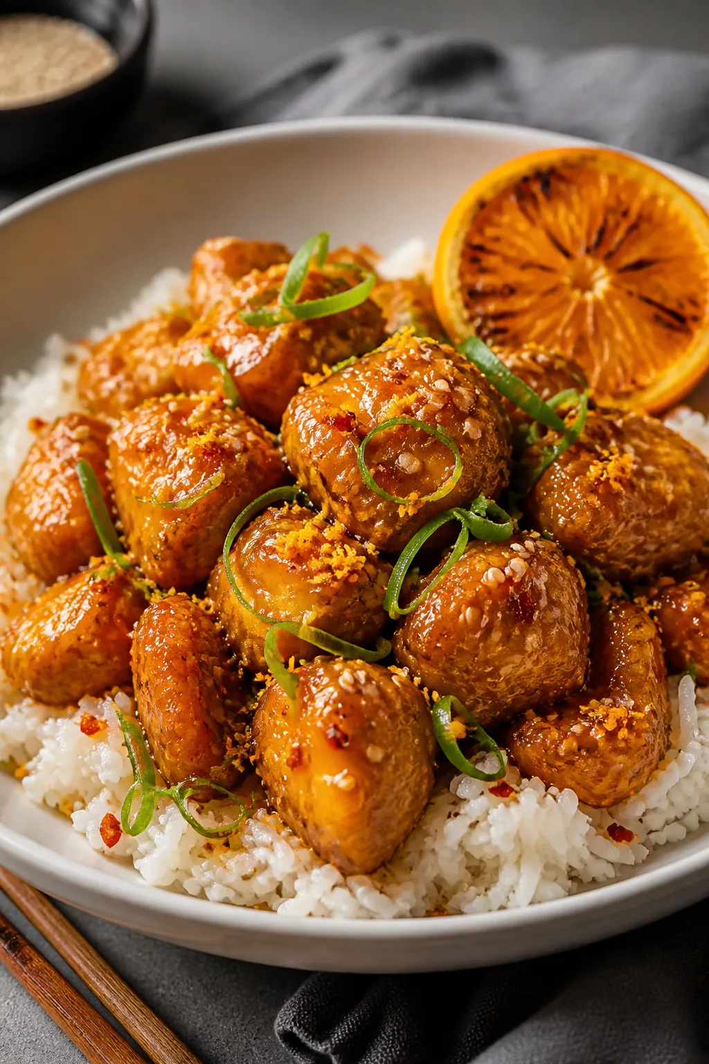 Final dish, restaurant-quality plating: Beautifully plated Healthy Orange Chicken on a wide, shallow