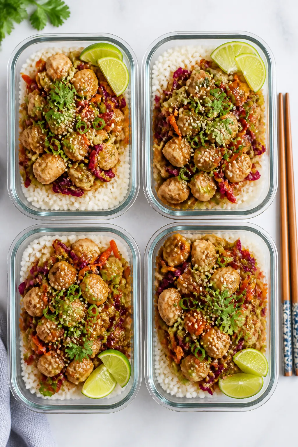 Final dish, tasty top view: Overhead shot of Asian Chicken Cabbage Meal Prep Bowls neatly portioned