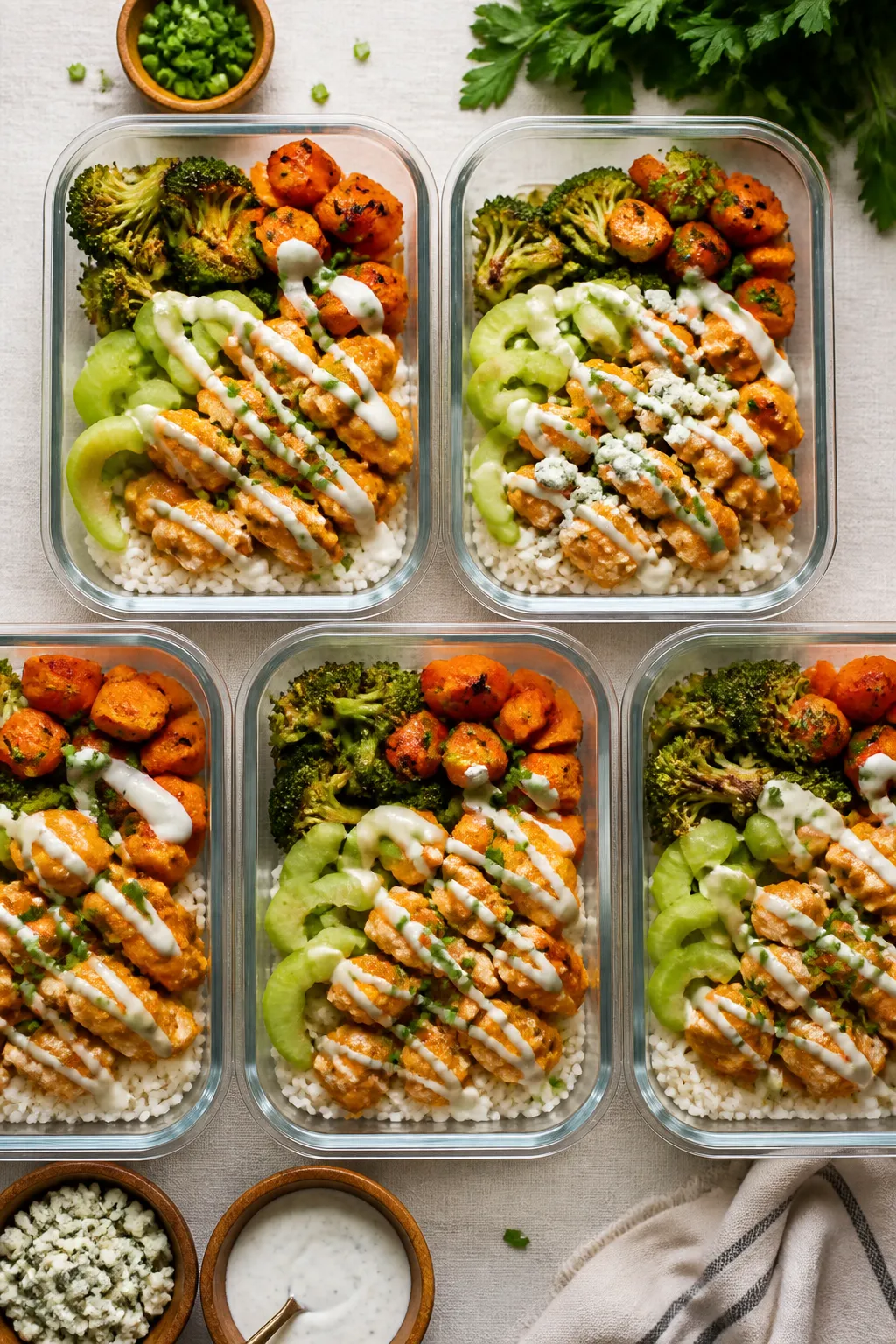 Final dish top view: Overhead shot of assembled Buffalo Chicken Ranch meal prep bowls—neatly porti