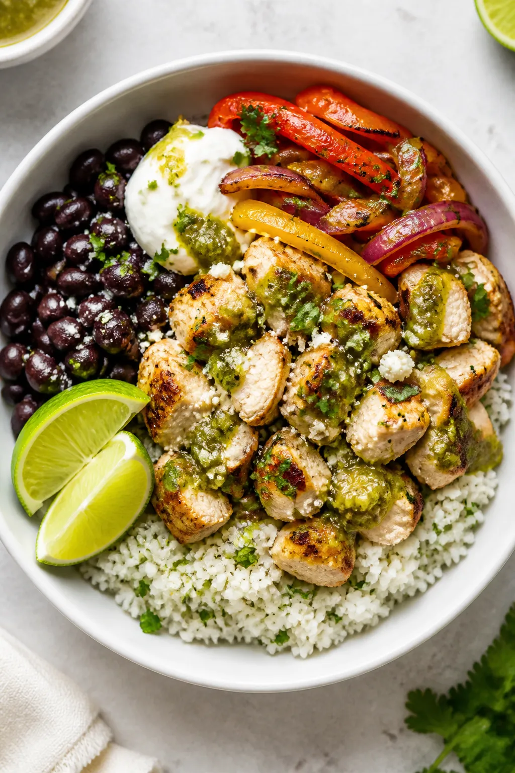 Final dish top view: Overhead shot of assembled Salsa Verde Chicken Meal Prep Bowl—bed of fluffy c
