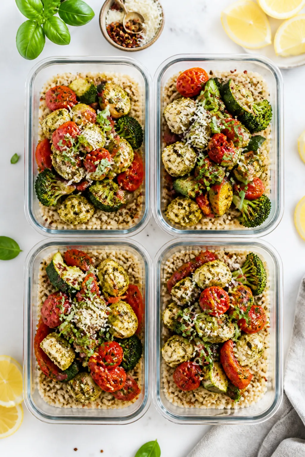 Final meal prep presentation, top-down: Tasty top-view of four meal-prep containers arranged neatly,