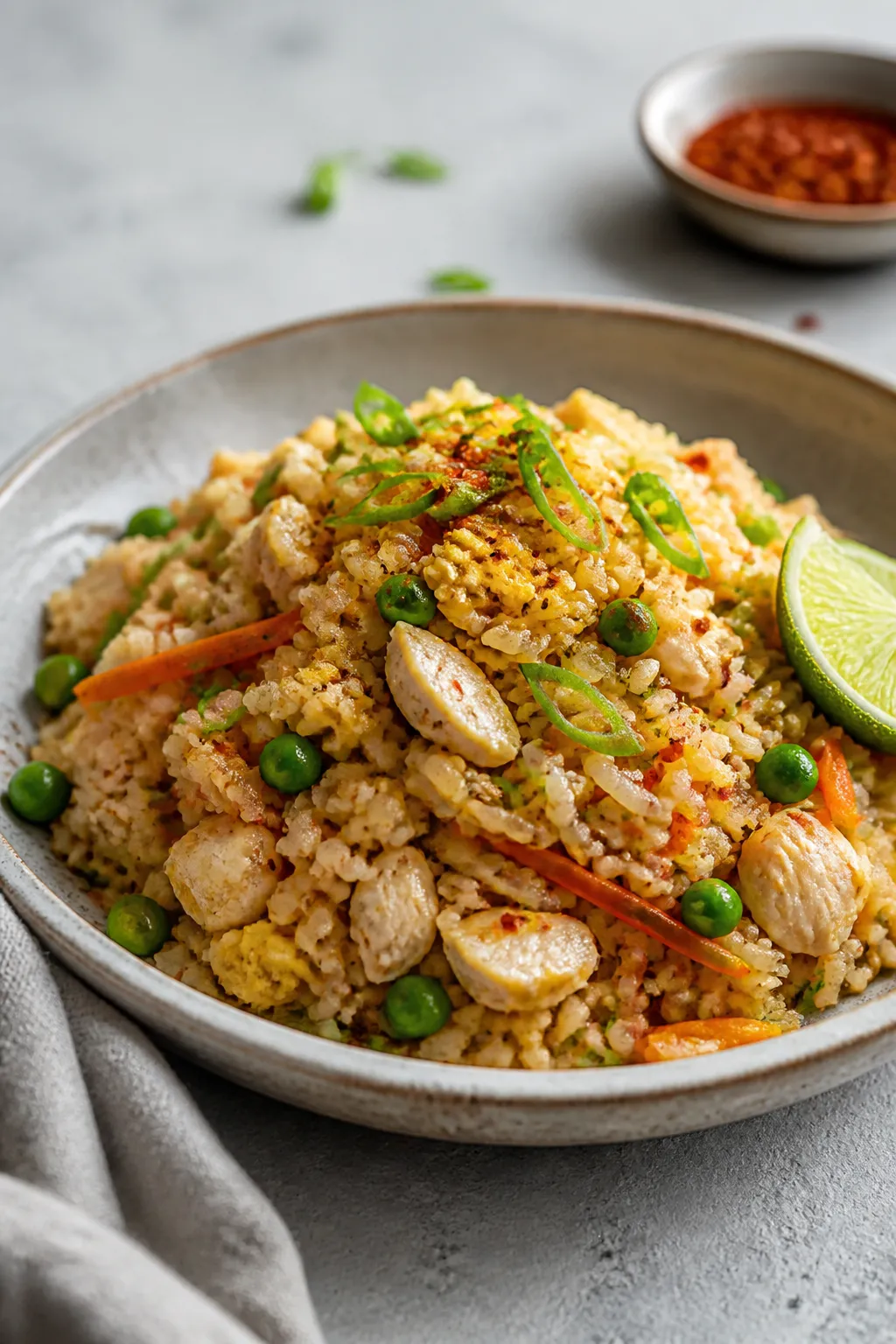Final plated, : Beautifully plated low calorie chicken fried rice in a wide, shallow ceramic bowl; m
