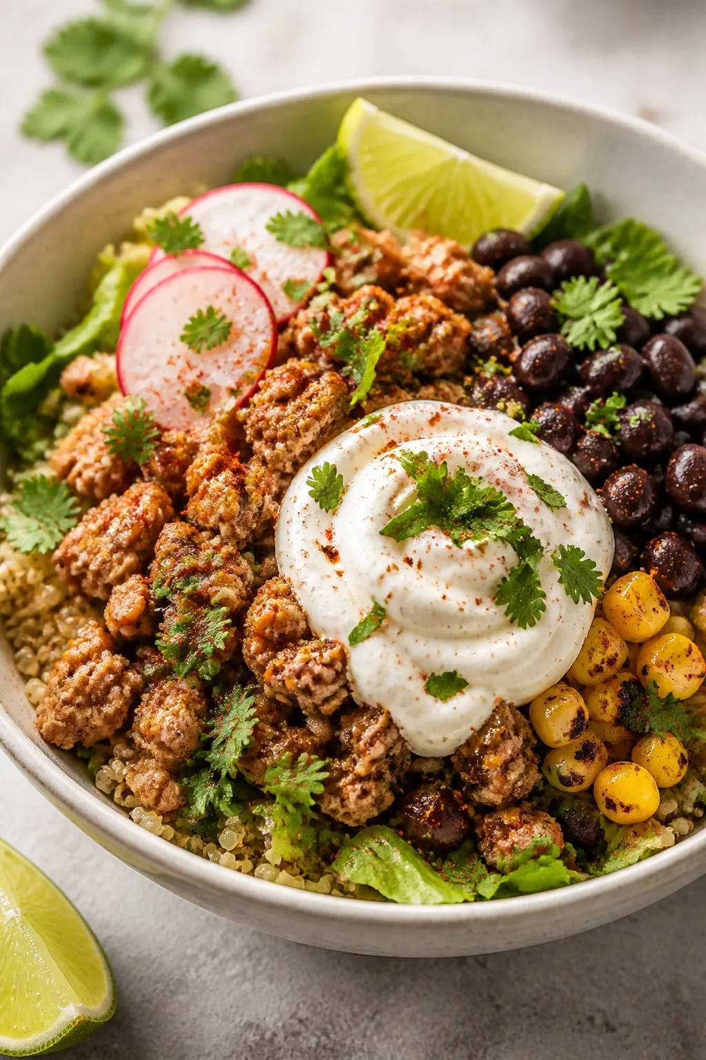 Final plated beauty: Restaurant-quality presentation of a Citrus-lime variation taco bowl—quinoa b