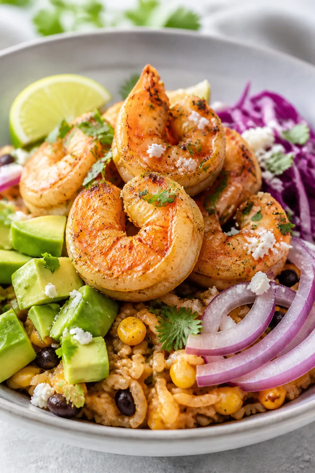 Final plated beauty: Restaurant-quality presentation of a shrimp taco bowl close-up, three plump shr