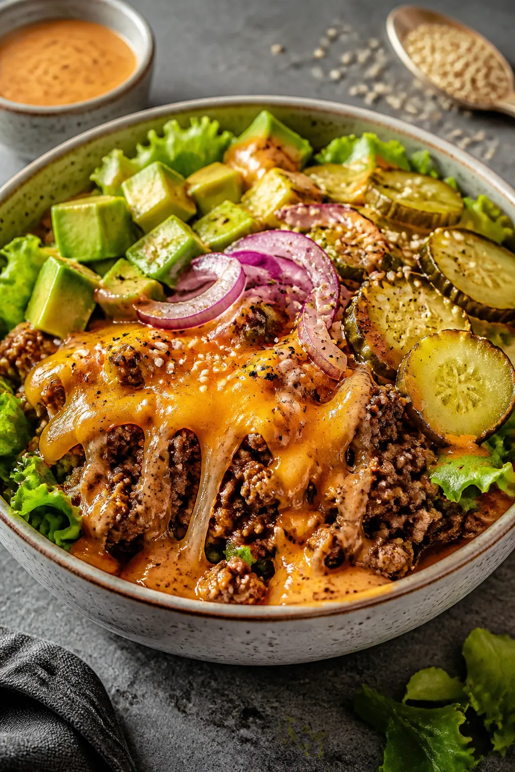 Final plated beauty shot: Three-quarter angle close-up of a finished Cheeseburger Bowl, hero-style c