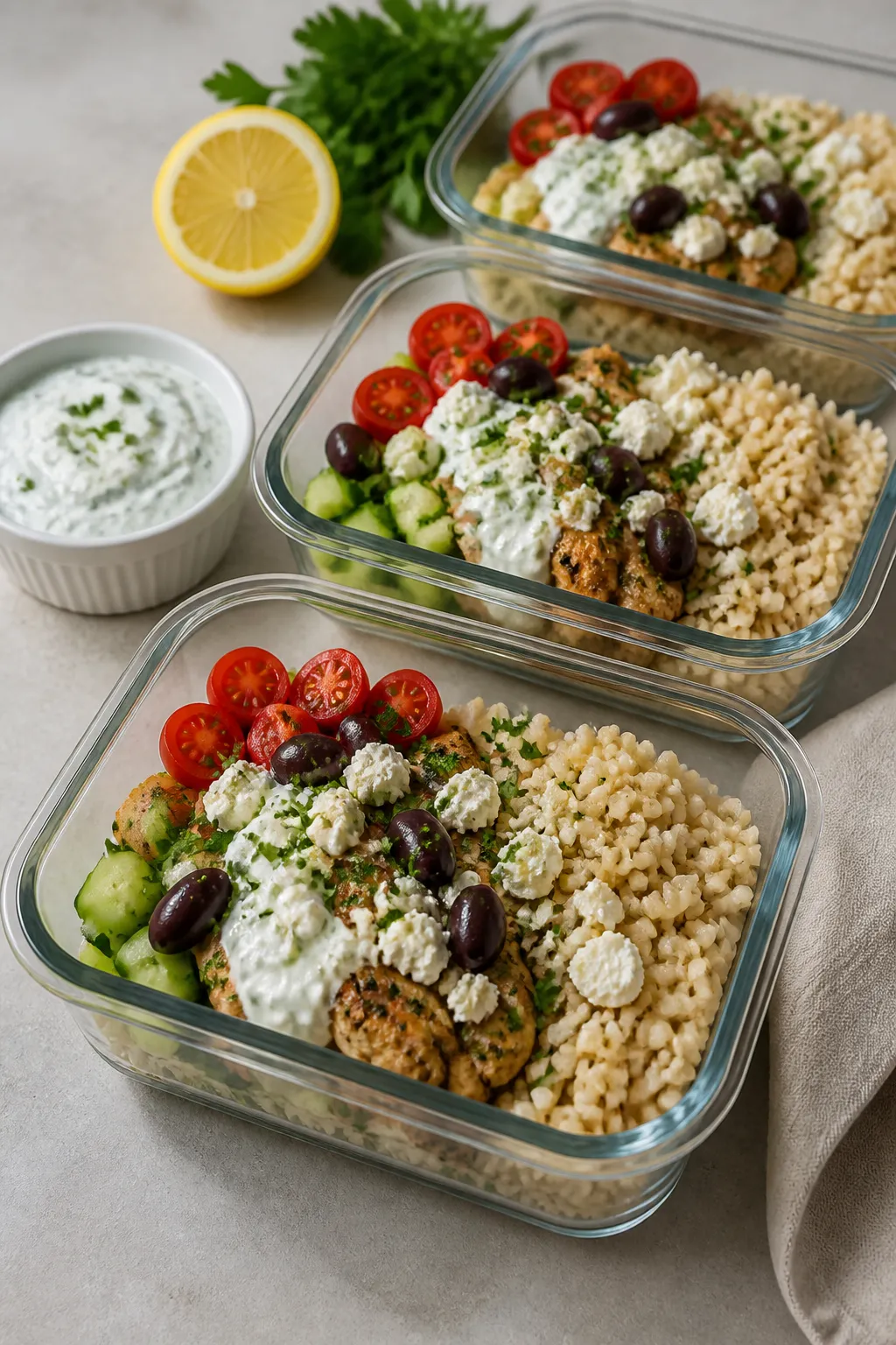 Final plated beauty: Three meal-prep bowls lined up at a slight angle, each with brown rice and lemo