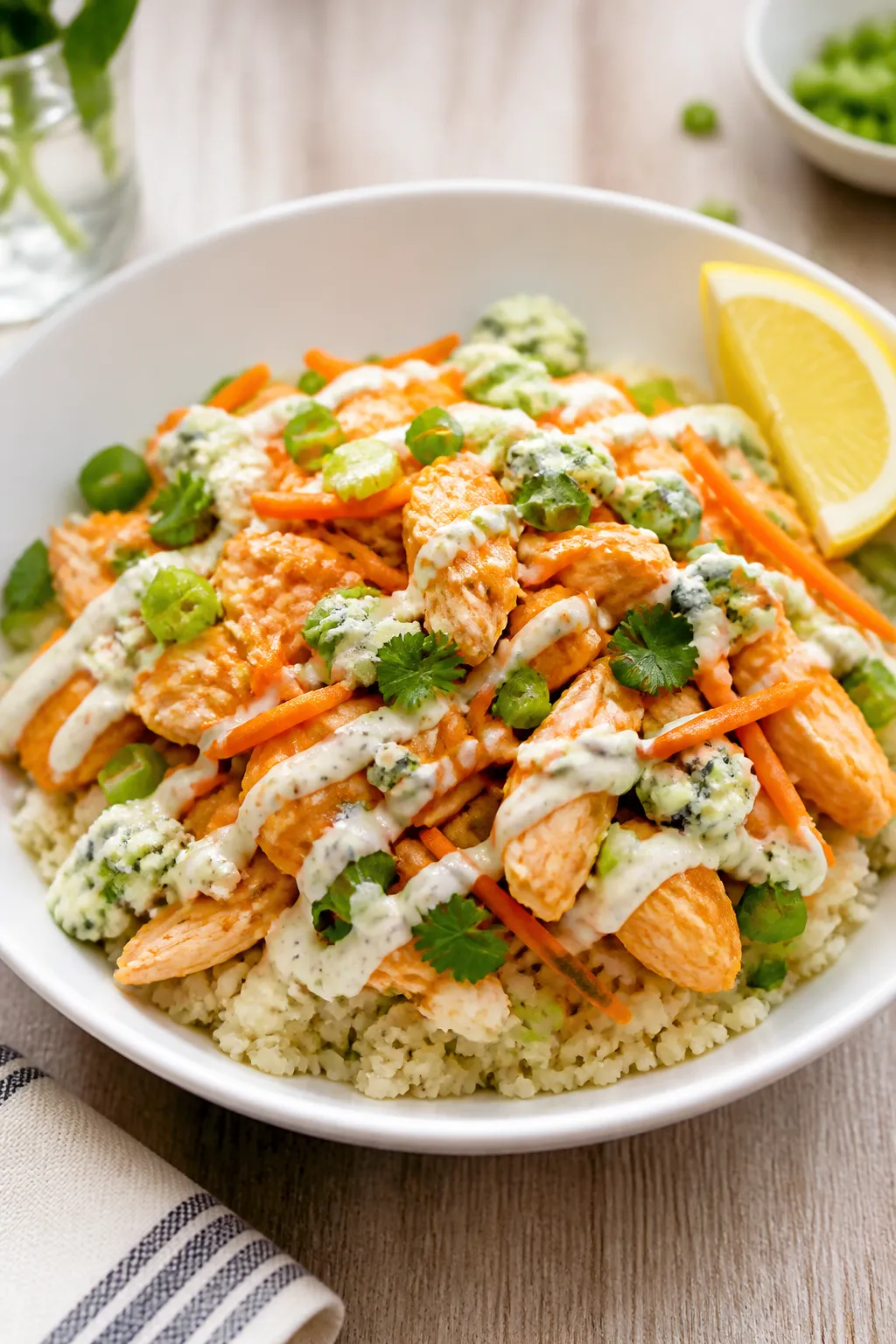 Final plated bowl beauty shot: Buffalo Chicken Cauliflower Rice Bowl arranged in a wide, matte-white