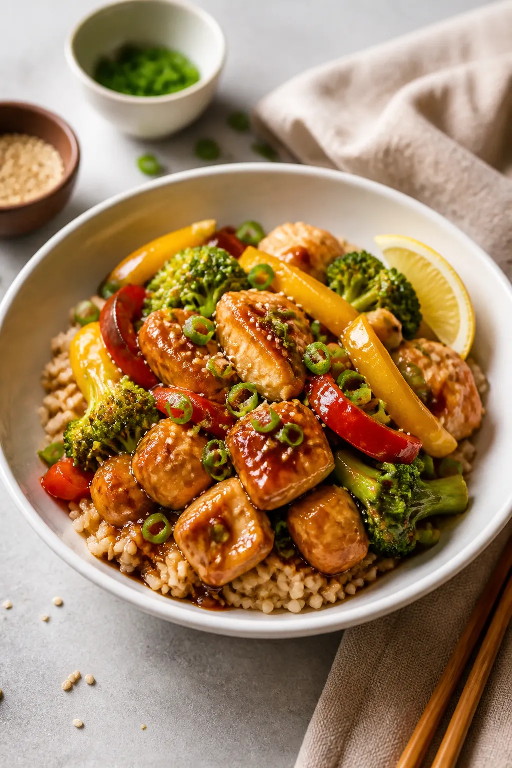 Final plated bowl beauty shot: Healthy Teriyaki Chicken Bowl artfully arranged over fluffy brown ric