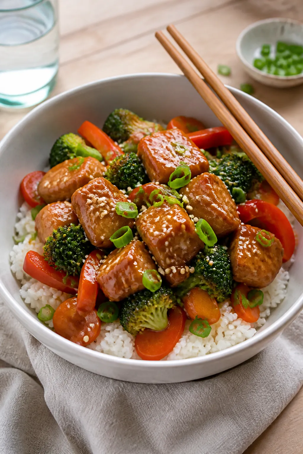 Final plated bowl beauty shot: High Protein Turkey Teriyaki Bowl served in a matte white ceramic bow