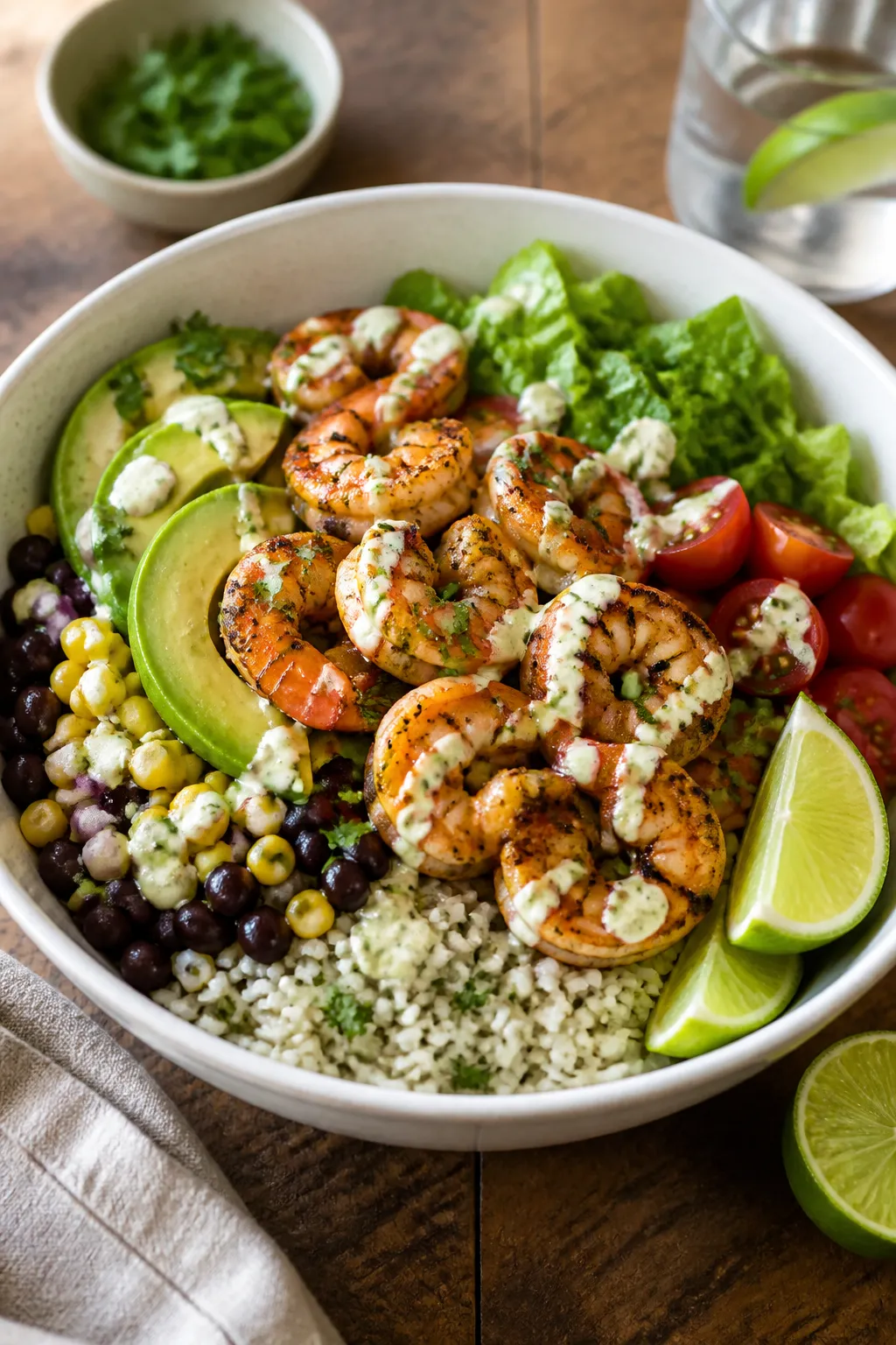 Final plated bowl beauty shot: Shrimp burrito bowl in a wide, matte white bowl—fluffy cilantro-lim