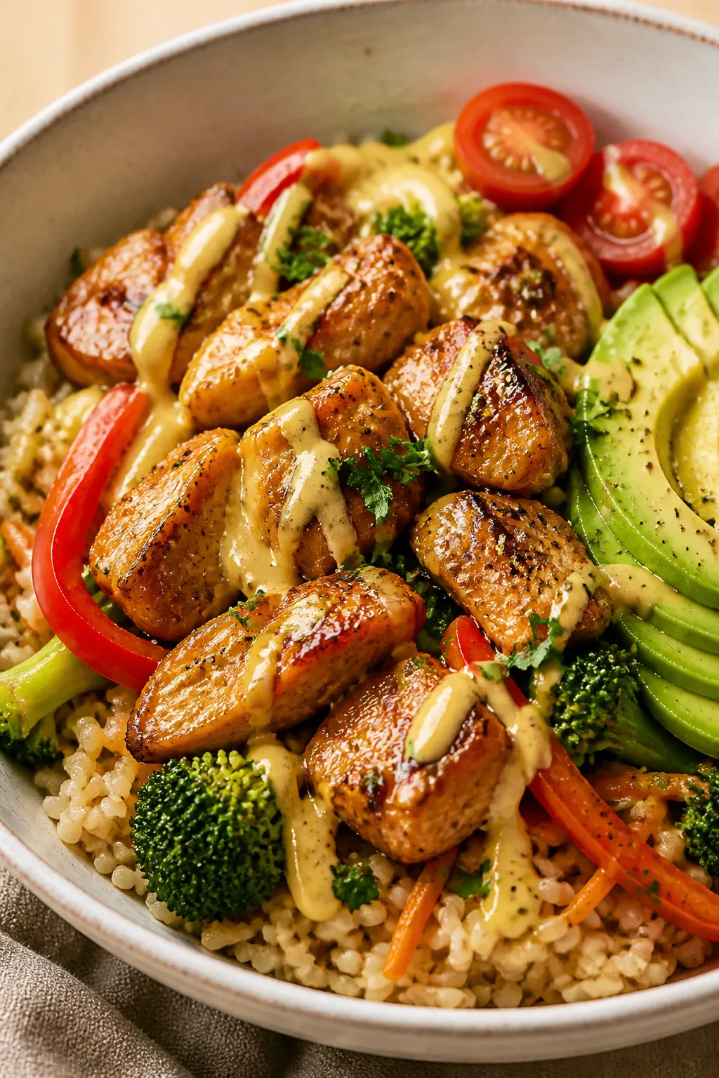 Final plated bowl – Close-up detail: Close-up of a High Protein Honey Mustard Chicken Bowl showing