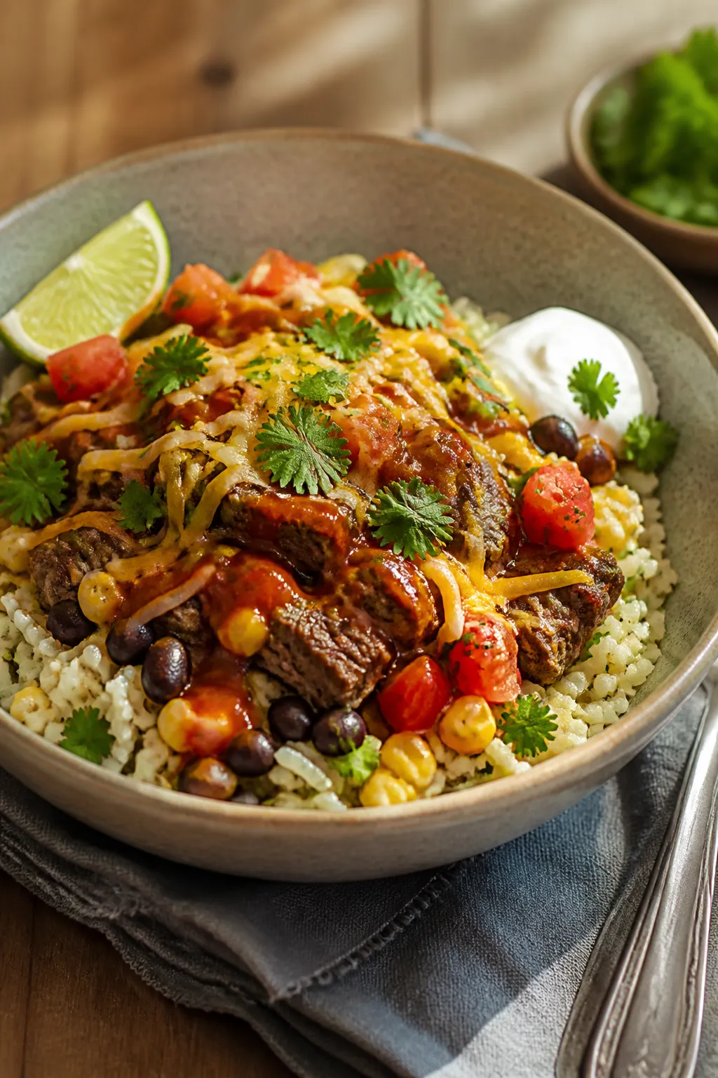 Final plated bowl — restaurant-quality presentation: Beautifully plated Mexican Beef & Rice bowl i